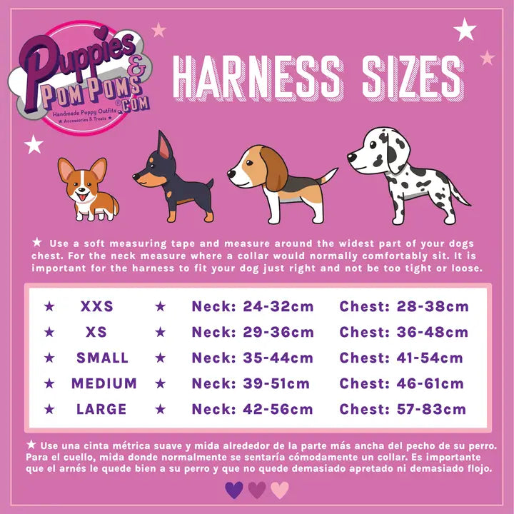 Guía de tallas de arneses Puppies & Pompoms para perros pequeños, medianos y grandes
