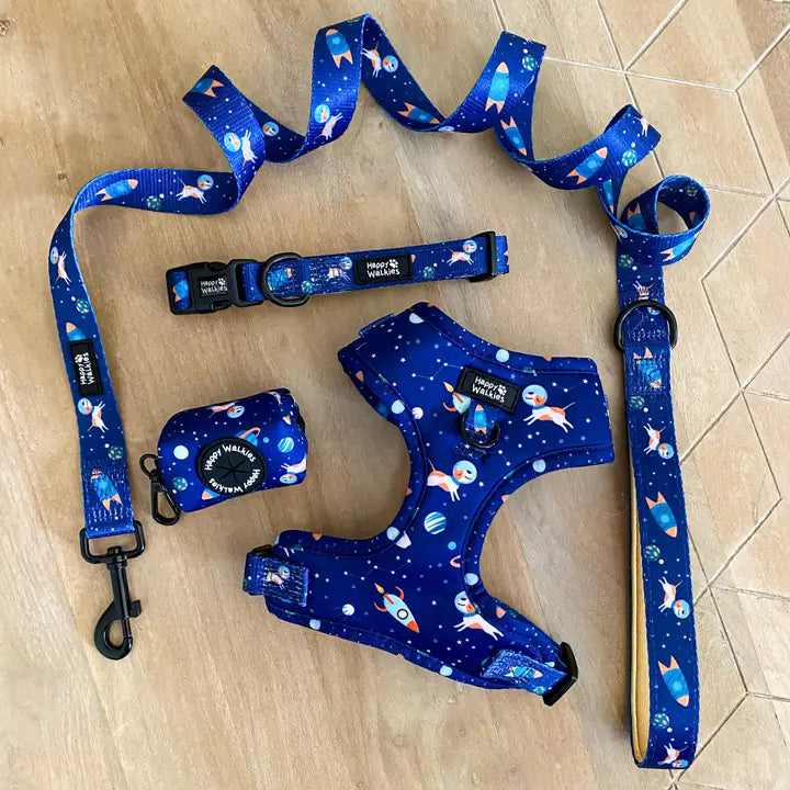 Set completo Dogniverse: arnés, collar, correa y portabolsas con estampado espacial.