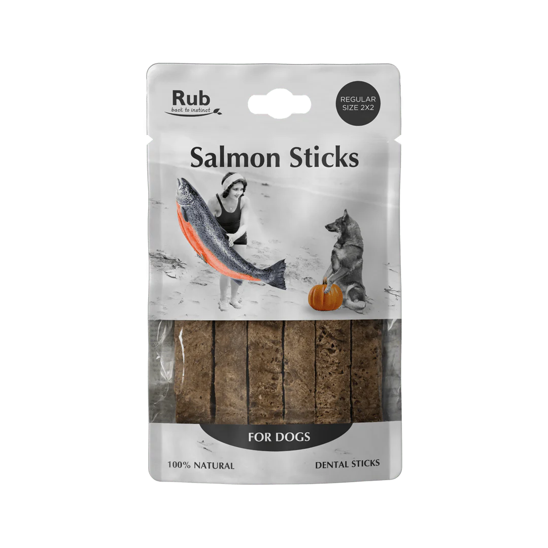 Premio Rub Stick Dental de Salmón para Perros 100g - Regular Size 2x2